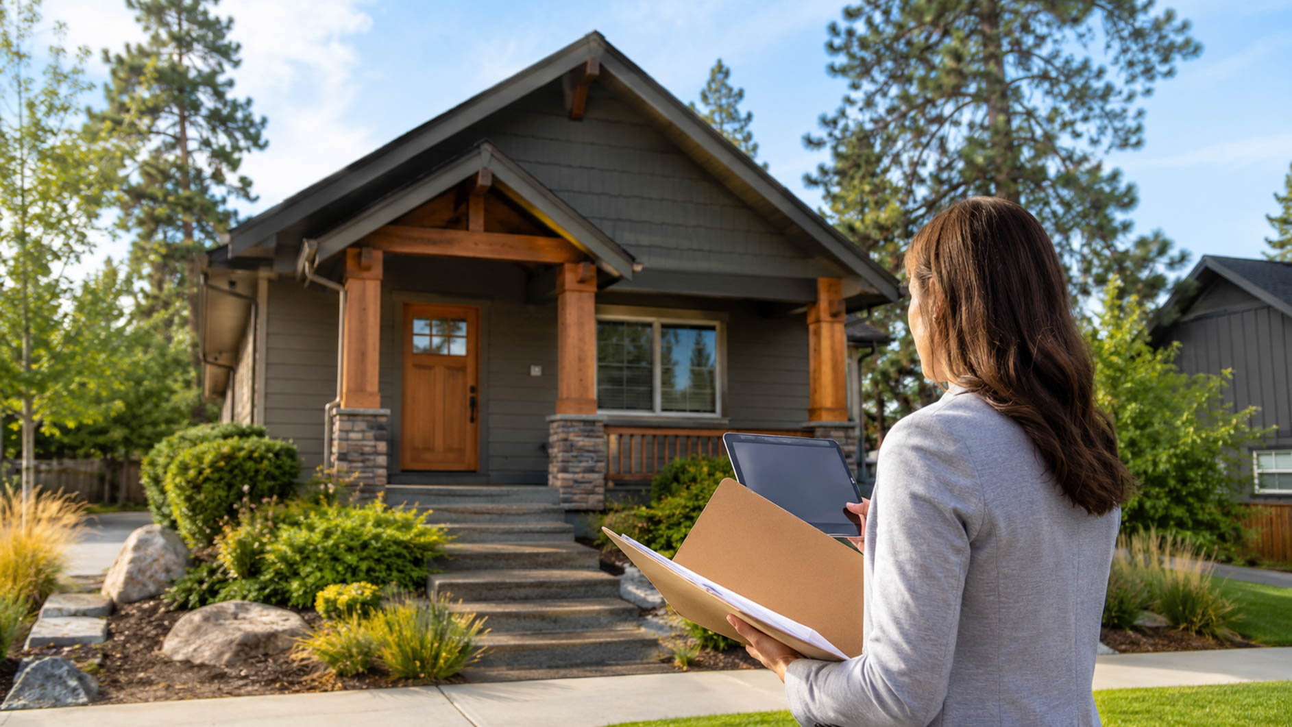 Property manager reviewing rental documents outside a residential home