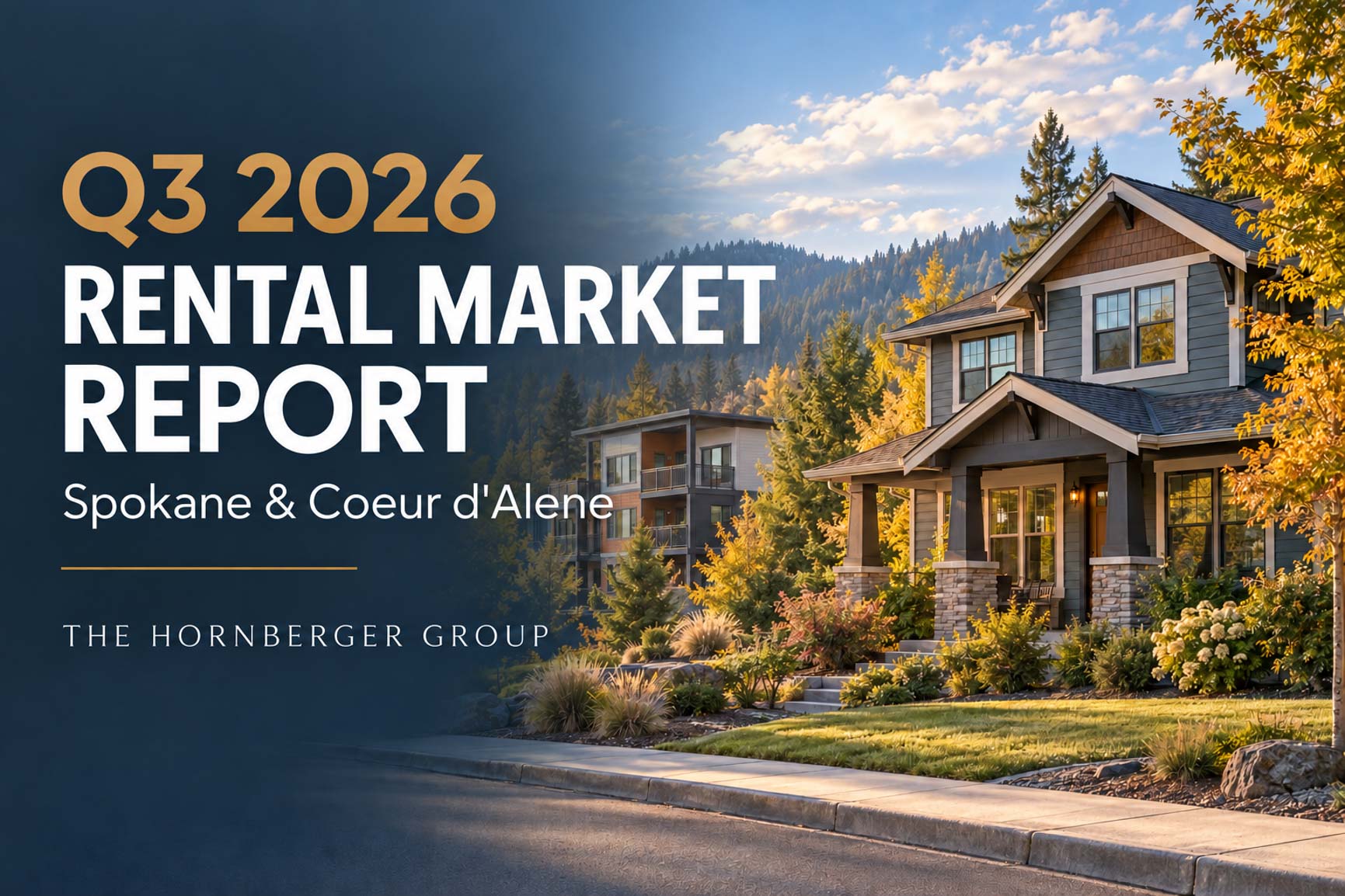 Q3 2026 Spokane and Coeur d'Alene Rental Market Report cover showing a house and apartment building in autumn